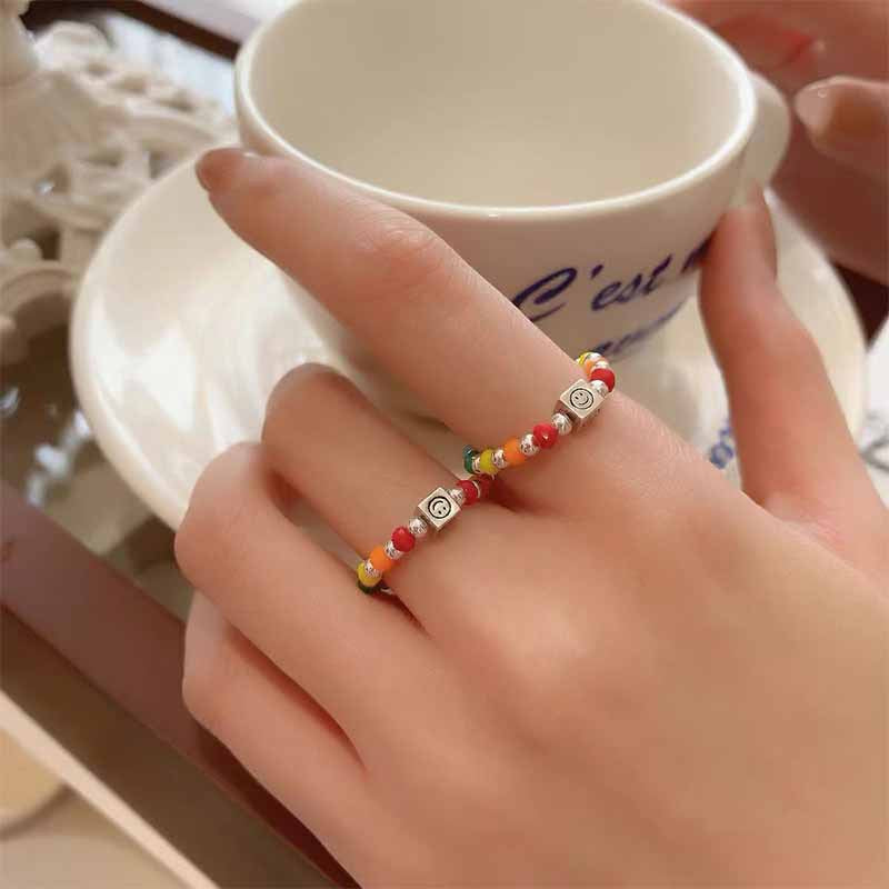 Colorful Beaded Female Rainbow Smiley Face Love Heart Simplicity Index Ring