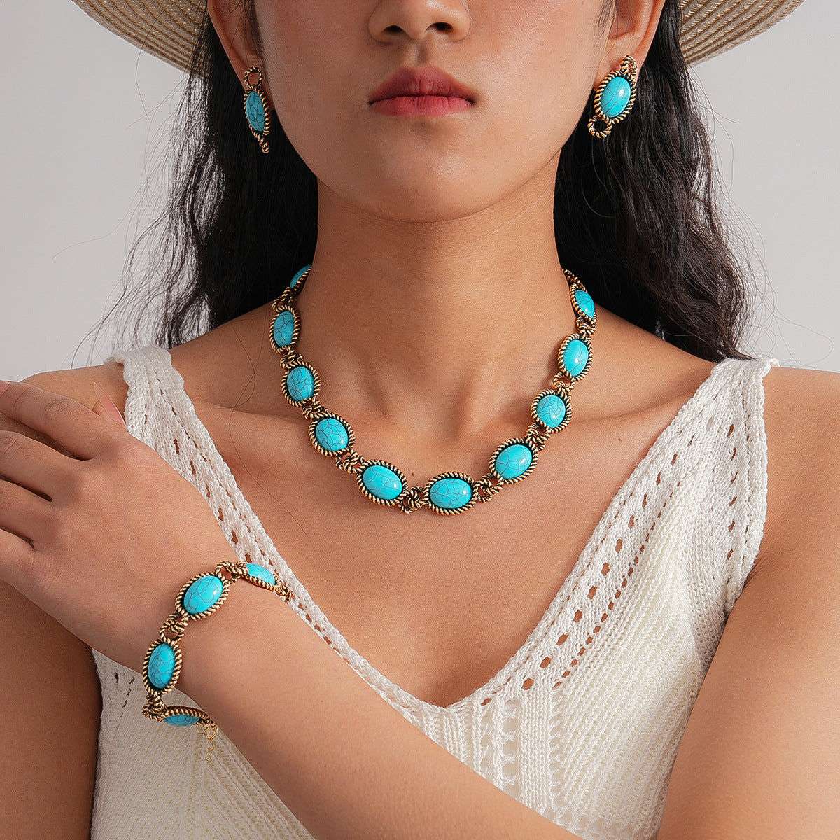 Style Turquoise Blue Diamond Flower Ear Light Luxury Minority Clavicle Necklaces