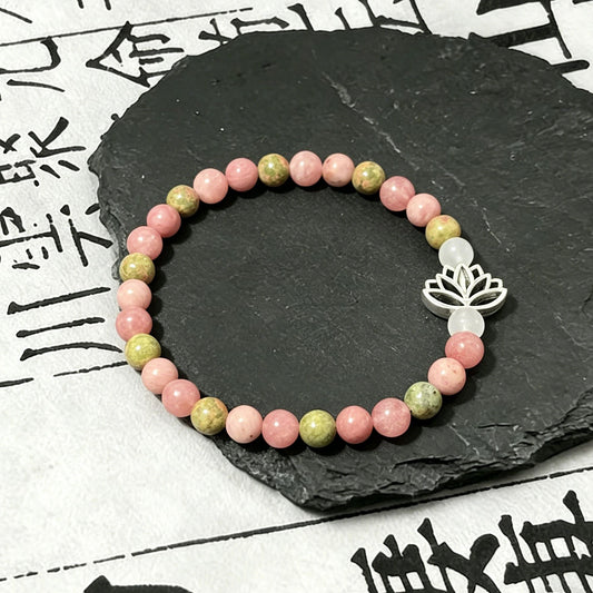 Women's Pink Crystal Natural Stone Seven Veins Lotus Bracelet