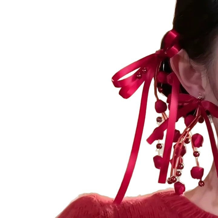 Women's Style Red Bow Flower Tassel Hairpin Special Jewelry Set