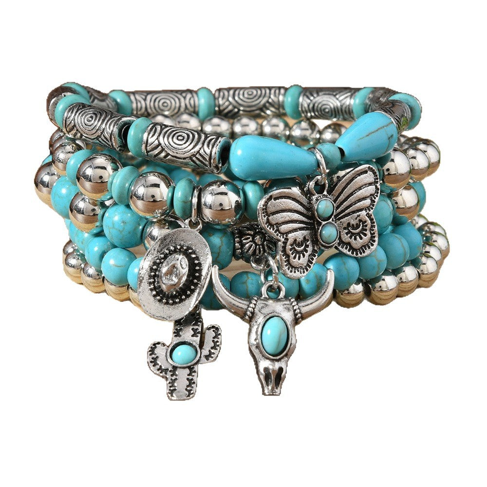 Wooden Bead Leather Rope Twin Ethnic Bracelet