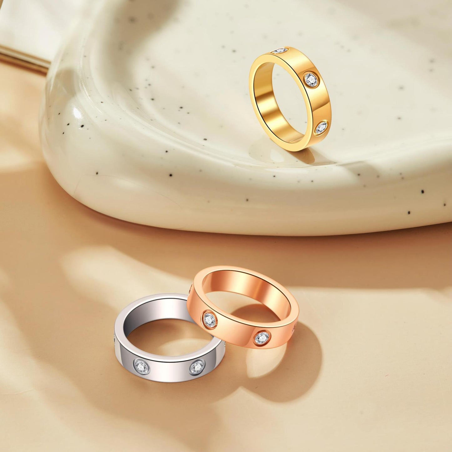 Simple Six Rhinestone Embed Titanium Steel Ring