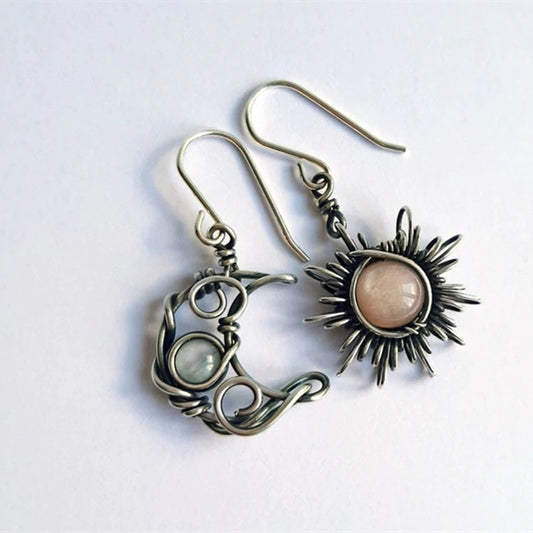 Bohemian Retro Sun Moon Moonstone Asymmetric Rings