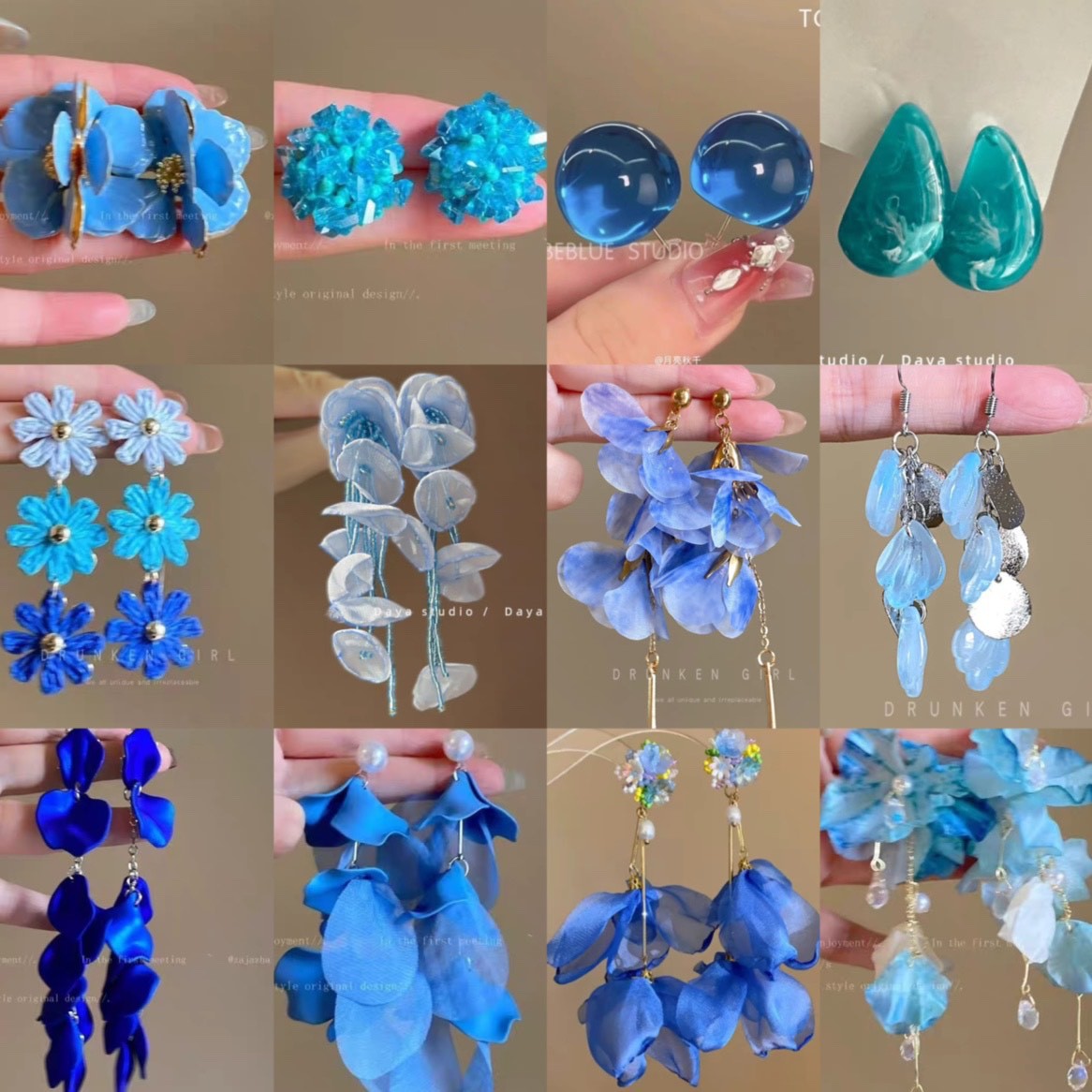 Women's Fresh Blue Fabric Flower Tassel Seaside Vacation Style Light Stud Earrings