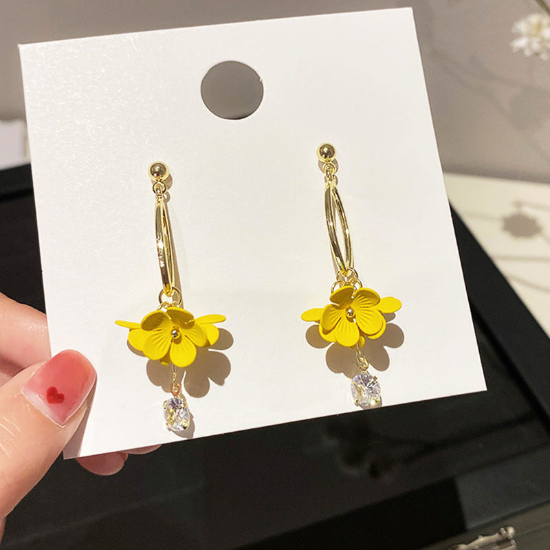 Women's Fashion Sier Fairy Flower Long Sweet Tassel Yellow Rings