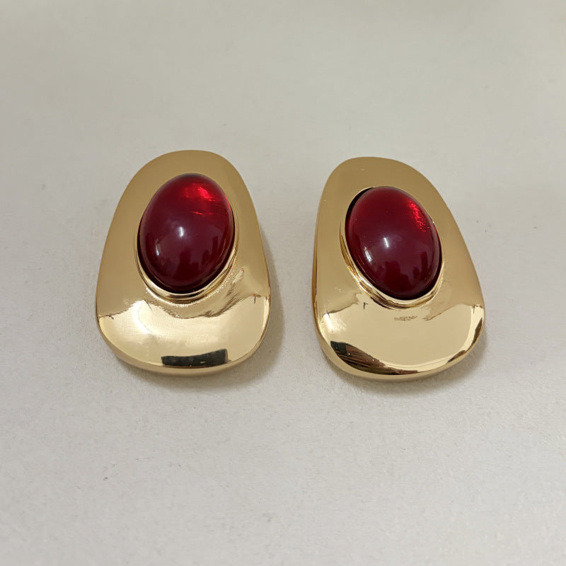 Luxury Metal Glossy Oval Resin Gemstone Earrings