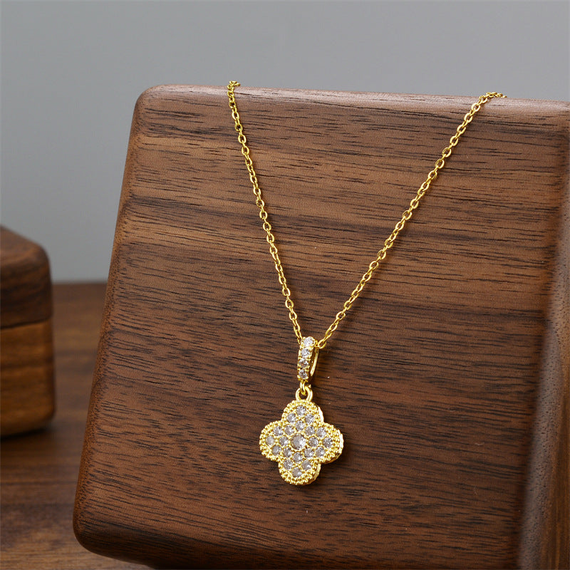 Women's Diamond Flower Four-leaf Clover Titanium Steel Gold-plated Necklaces