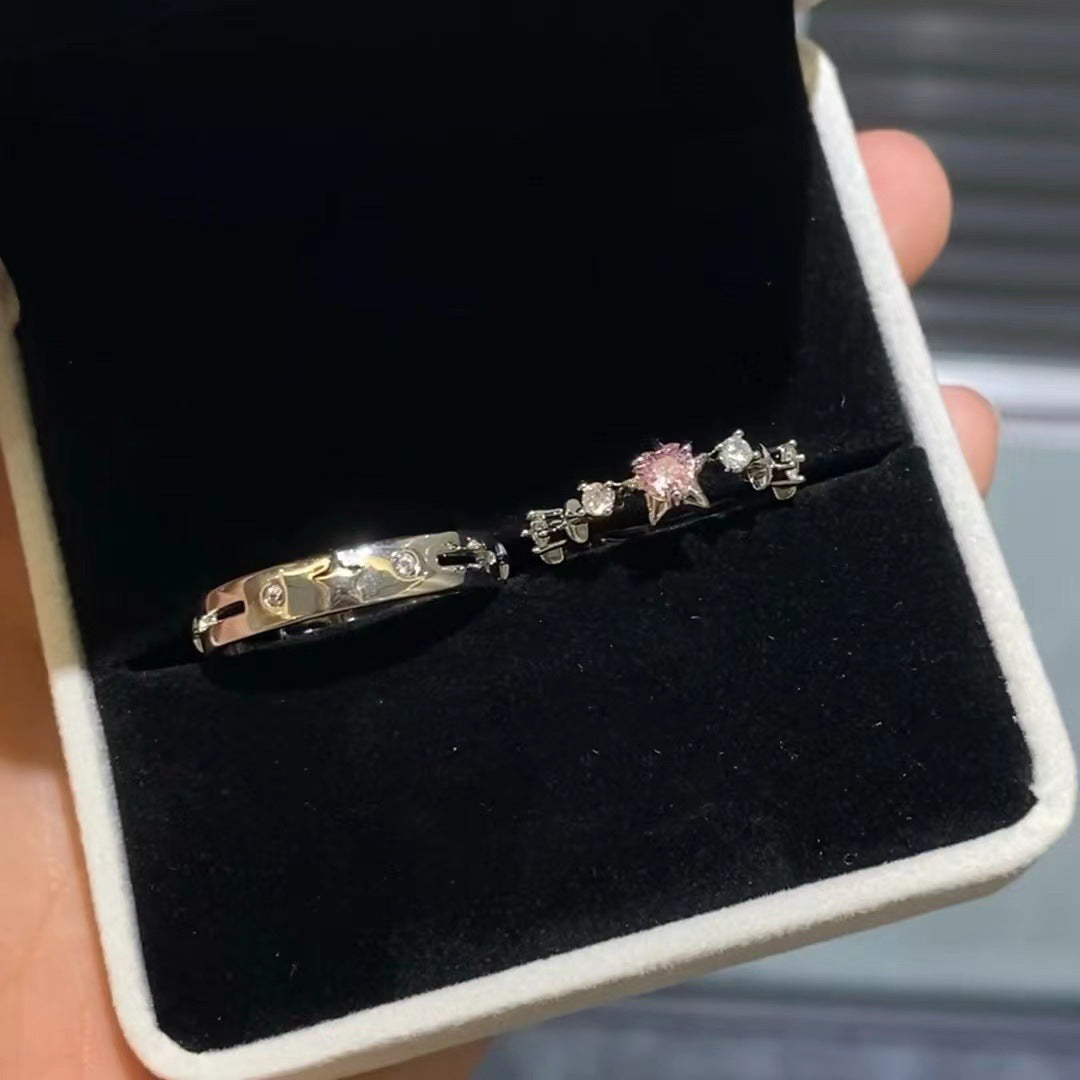 Women's & Men's Pink Niche Cute Bear Argent Pur Five-pointed Star Rings