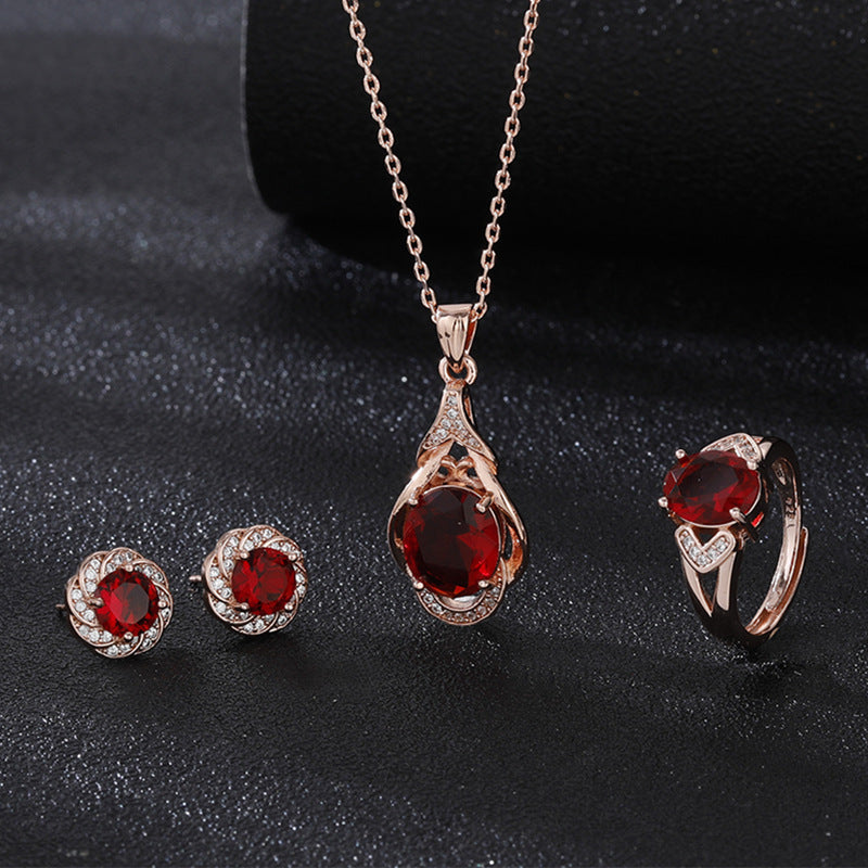 Live Broadcast Three-piece Colored Gems Ear Combination Personality Necklaces