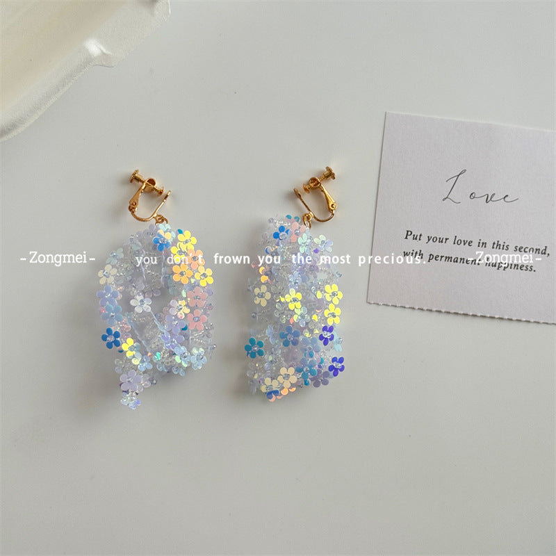 Imported Laser Flower Handmade Ear Clip Beaded Combination Earrings