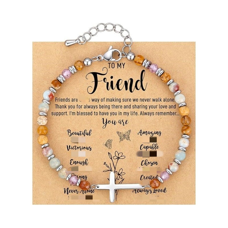 Women's Natural Stone Beaded Cross Lobster Buckle Adjustable Band Bracelet