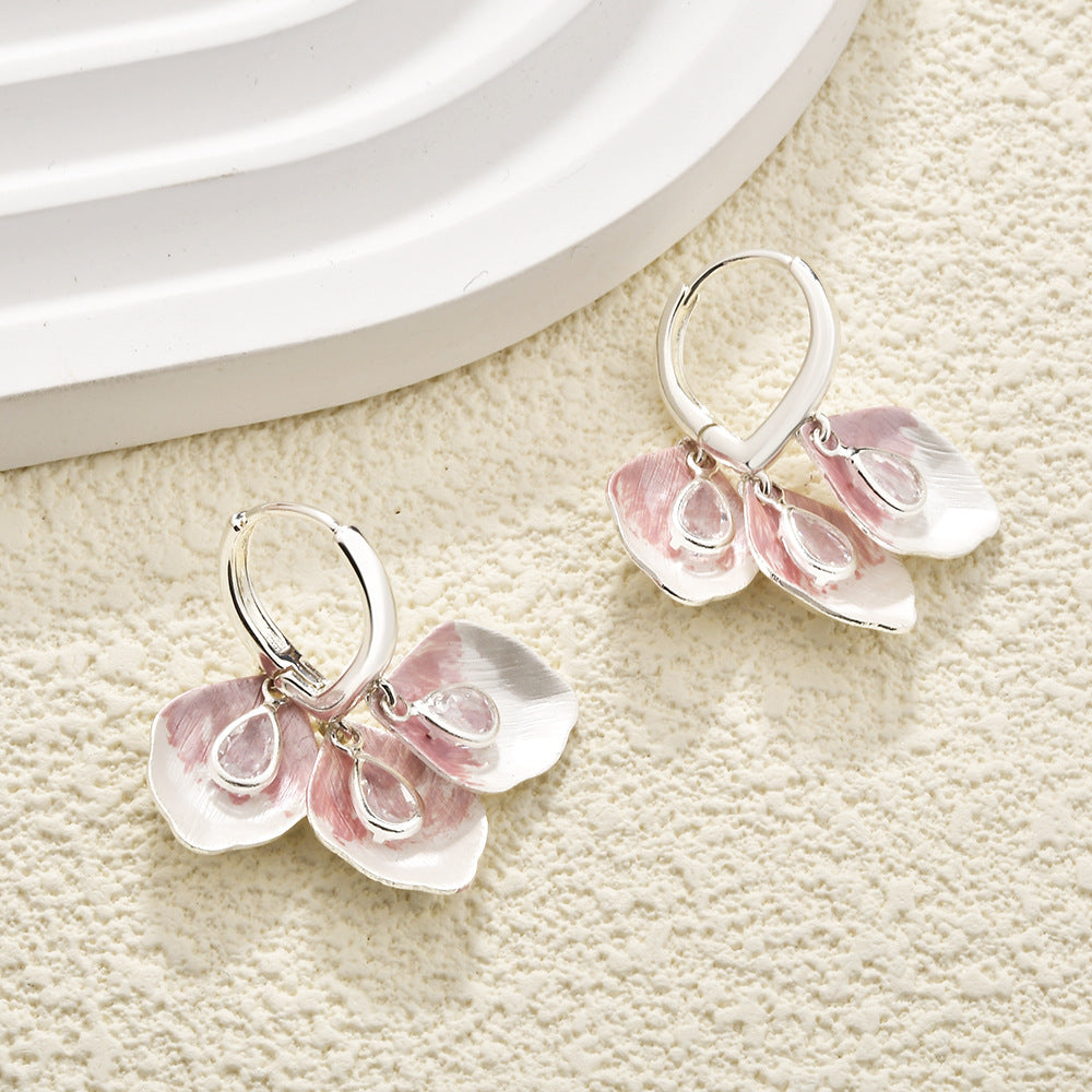 Petal Fringe Zircon Ear Fresh Sweet Mori Fairy Style Earrings