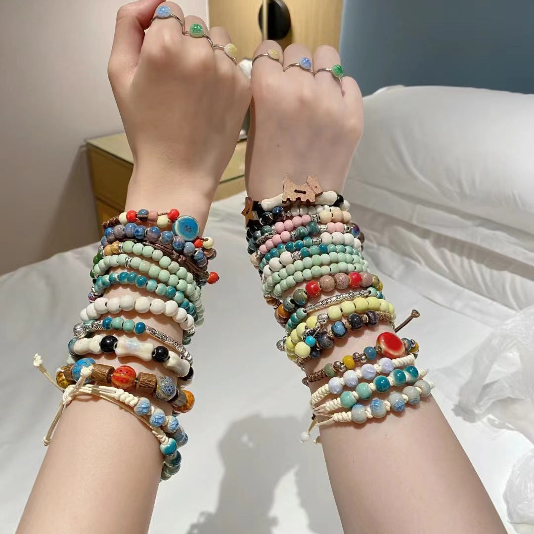 Ten Yuan Three String Hot Ceramic Porcelain Rose Beads Handmade Bracelet
