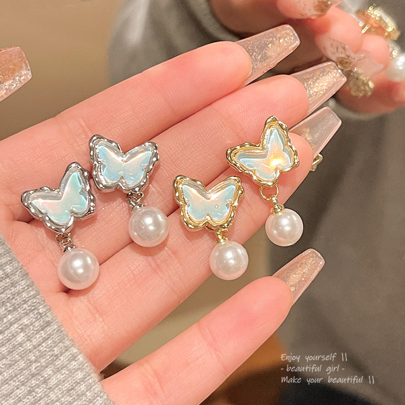 Women's Needle Blue Ocean Butterfly For Light Luxury Minority High-grade Pearl Stud Earrings