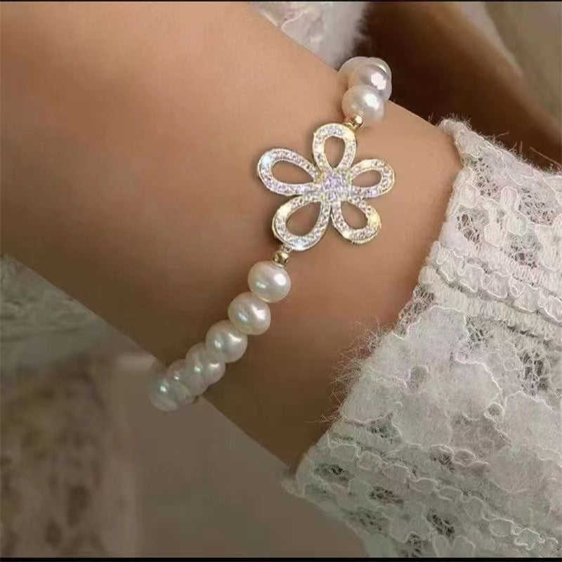 Full Diamond Five Petal Flower Imitation Pearl Love Heart Flowers Necklaces