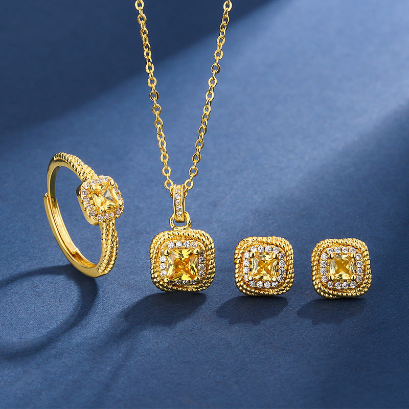 Live Broadcast Three-piece Colored Gems Ear Combination Personality Necklaces