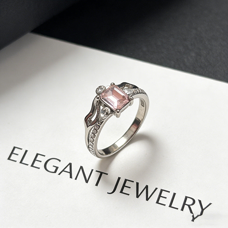 Women's Light Luxury Pink Diamond Square Niche Design Sweet Temperament Ring