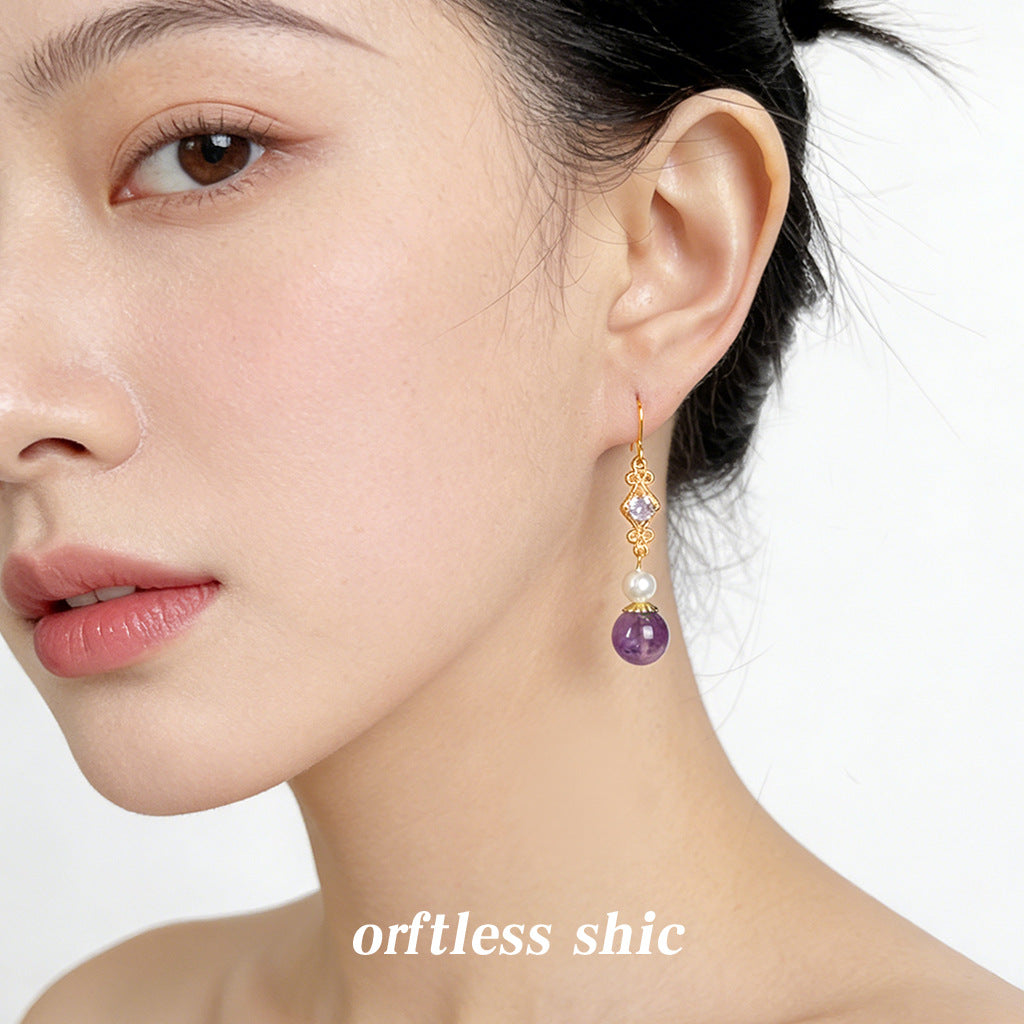 Zircon Long Natural Stone Amethyst Fashion High-grade National Chinese Style Earrings