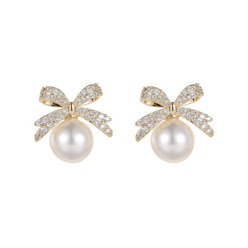 Bow Pearl Diamond Temperament Special Interest Light Earrings