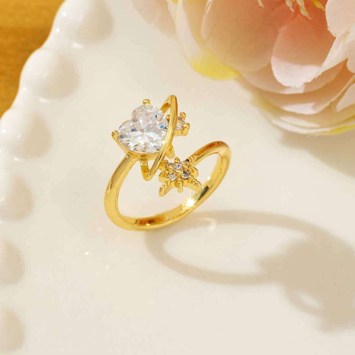 Temperament High Sense Loving Heart With Opening Adjustable Super Flash Ring