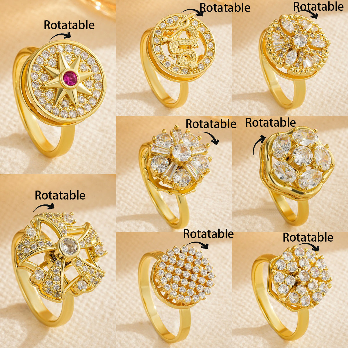 Women's Decompression Spinning Gold-plated Flash Niche High Sense Zircon Rings