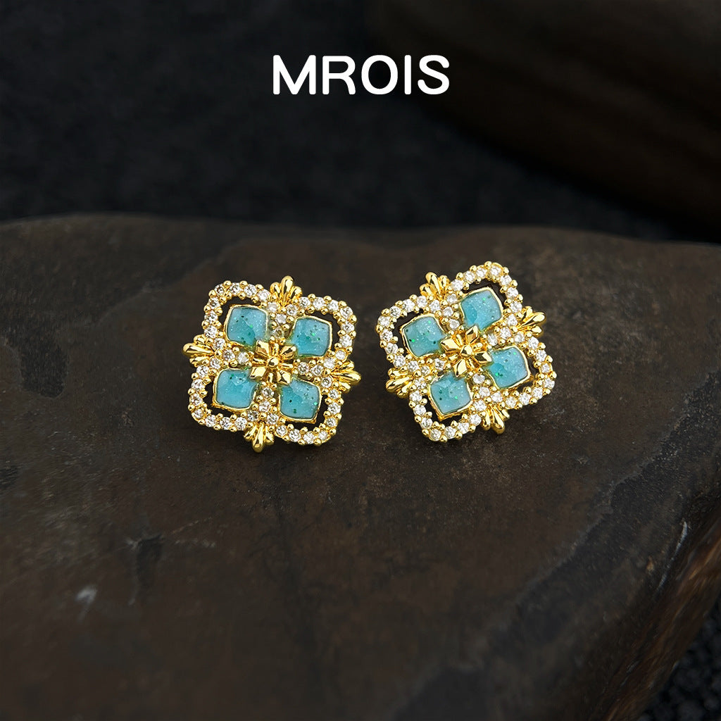 Drip Glazed Square Hollow Zircon Geometric Light Luxury French Stud Earrings