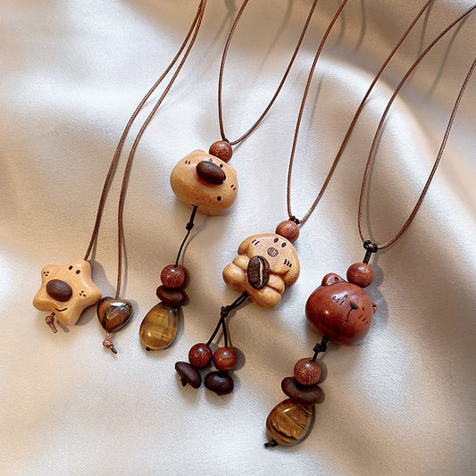 Wooden Tigereye Puppy Bear Female Winter Cute Design Sweater Chain Necklace