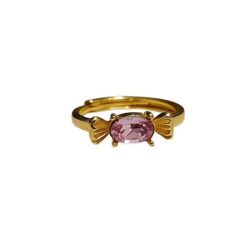 Cute Pink Candy Bow Female Light Luxury Minority Opening Adjustable Rings