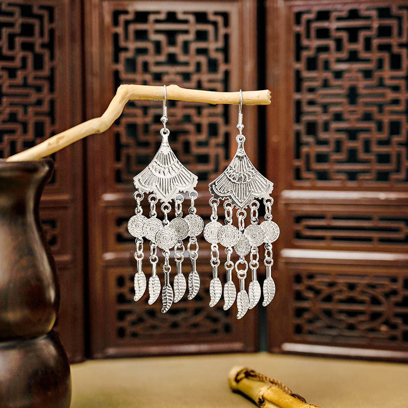 Miao Sier Ethnic Style Peacock Bell Tassel Hollow Leaves Cute Rings
