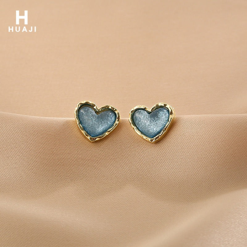 Women's Blue Loving Heart Small Simple Cold Style High Sense Temperamental Stud Earrings