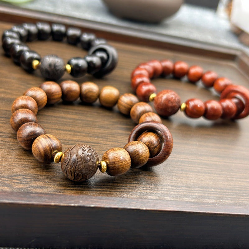 Women's & Men's Sandalwood Carving Beads Lettering Flexible Black Bracelet