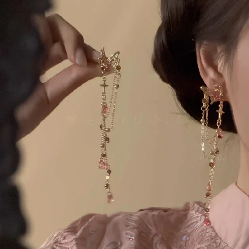 Women's Chinese Style National Burning Blue Beads Long Fringe Niche Retro Earrings