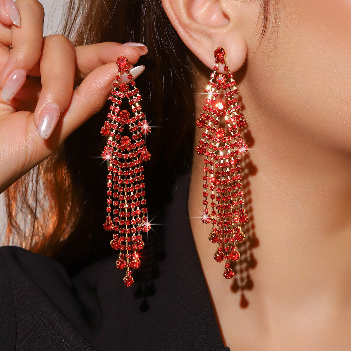 Women's Super Flash Rhinestone Long Fringe High-grade Earrings