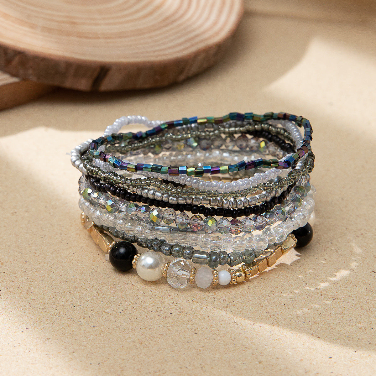 Women's Bohemian Vacation Style Twin Design Sense Glass Beads Stretch Bracelet