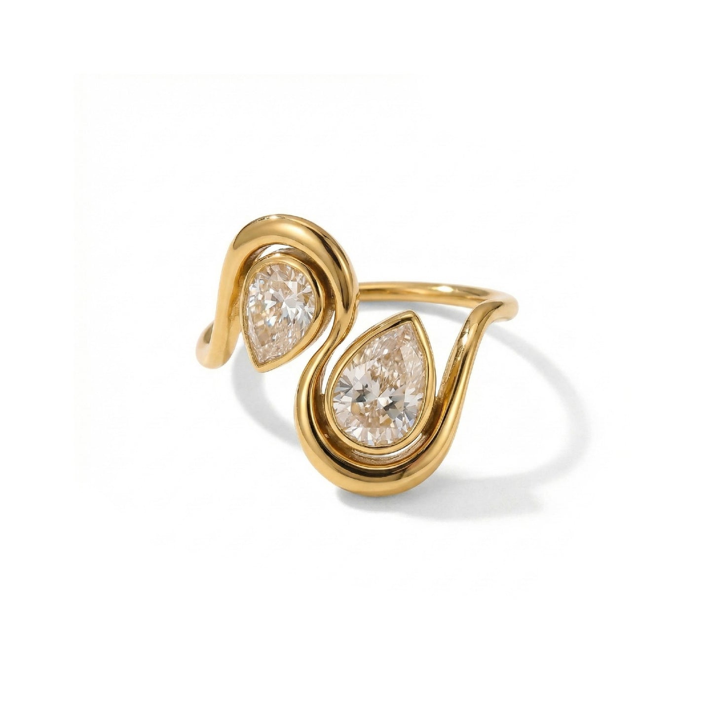 Design Double Water Drop Zircon Gold Hollow Out Bezel Ring