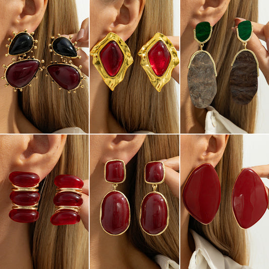 Resin Gemstone Retro Geometric Irregular Pleated Stud Earrings