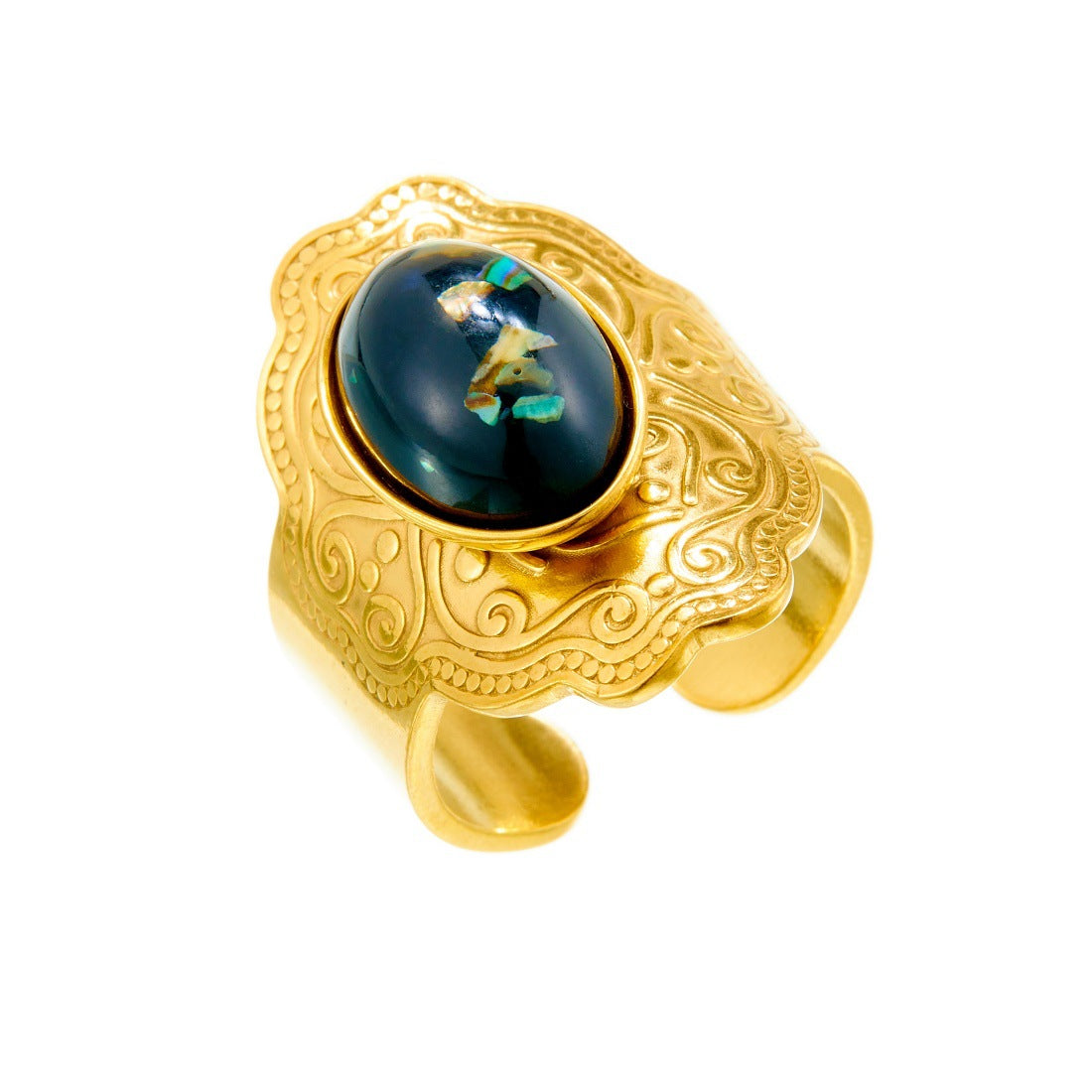 Court Style Inlaid Pearl Blue Gold Gem Oval Ring