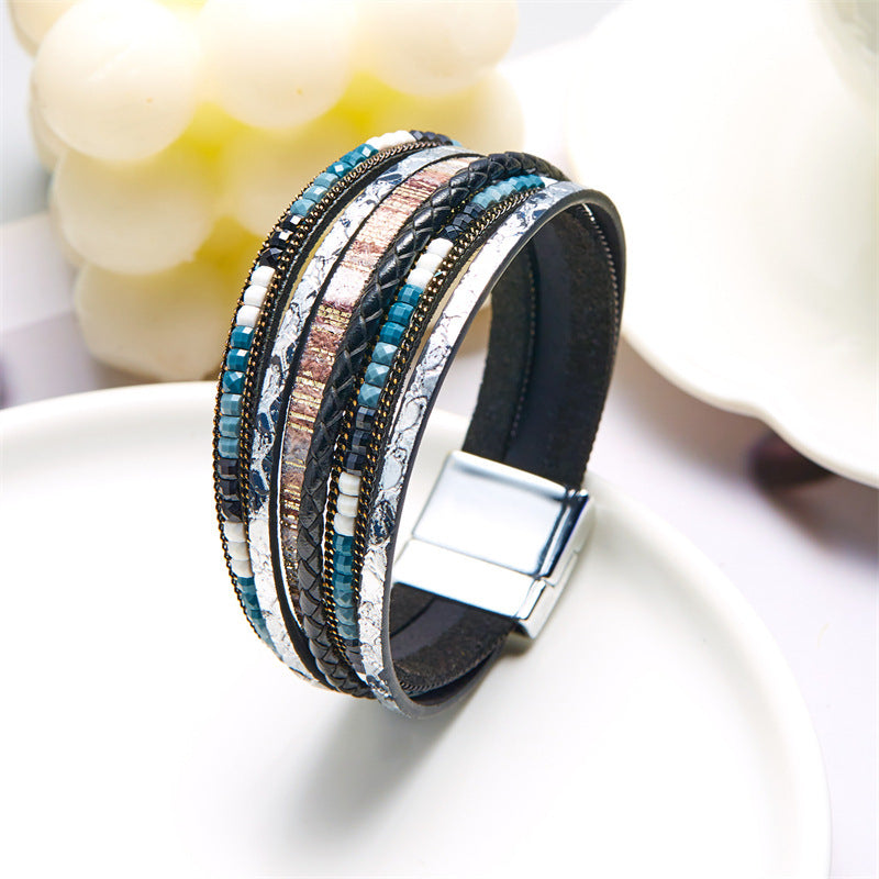 Style Turquoise Leather Vintage Flower Rhombus Crystal Tubular Bracelet