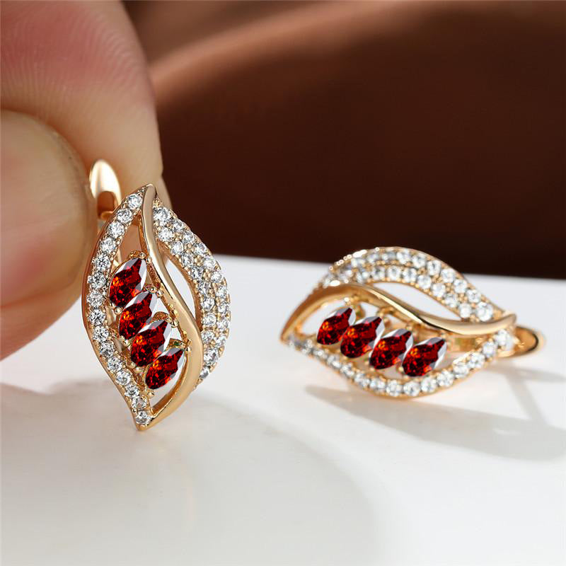 Green Empty Female Champagne Gold Four Diamond Leaf Micro High Stud Earrings