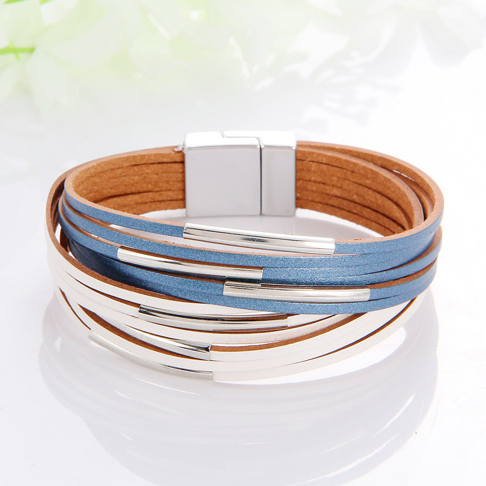 Women's Wide Brim Magnetic Snap Leather Fashion Bracelets