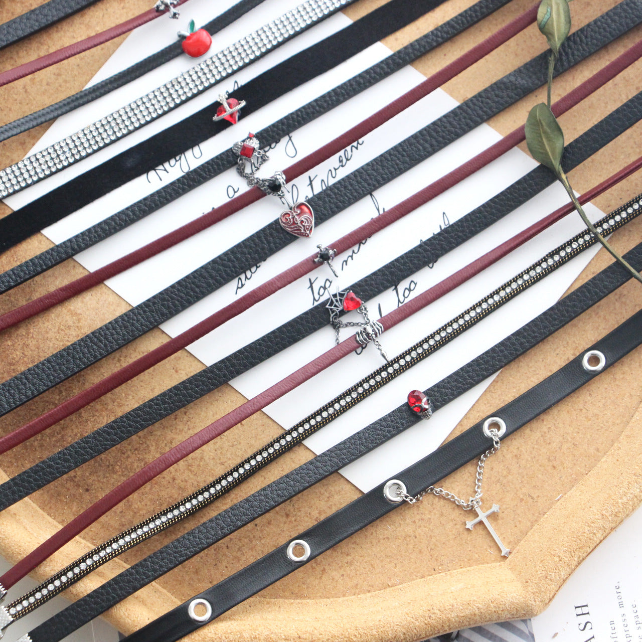 Women's Red Thin Hot Dark Cross Leather Love Twin Necklaces
