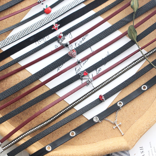 Women's Red Thin Hot Dark Cross Leather Love Twin Necklaces
