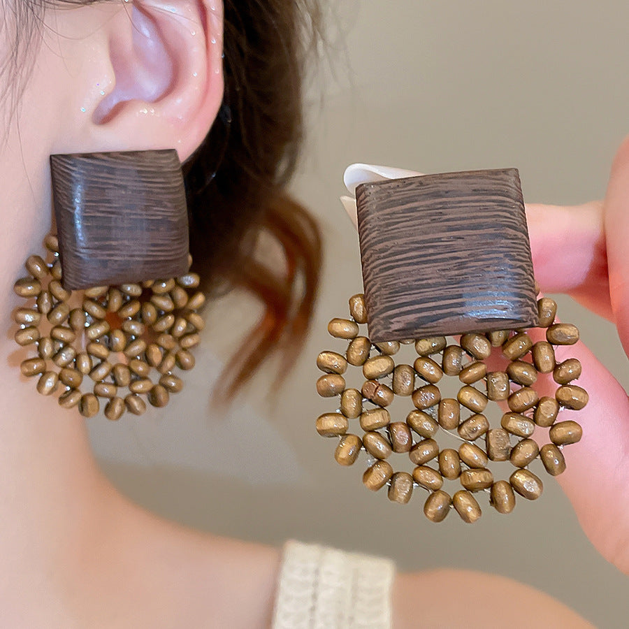 Style Sier Needle Resin Rattan Beads Round Fashion Earrings