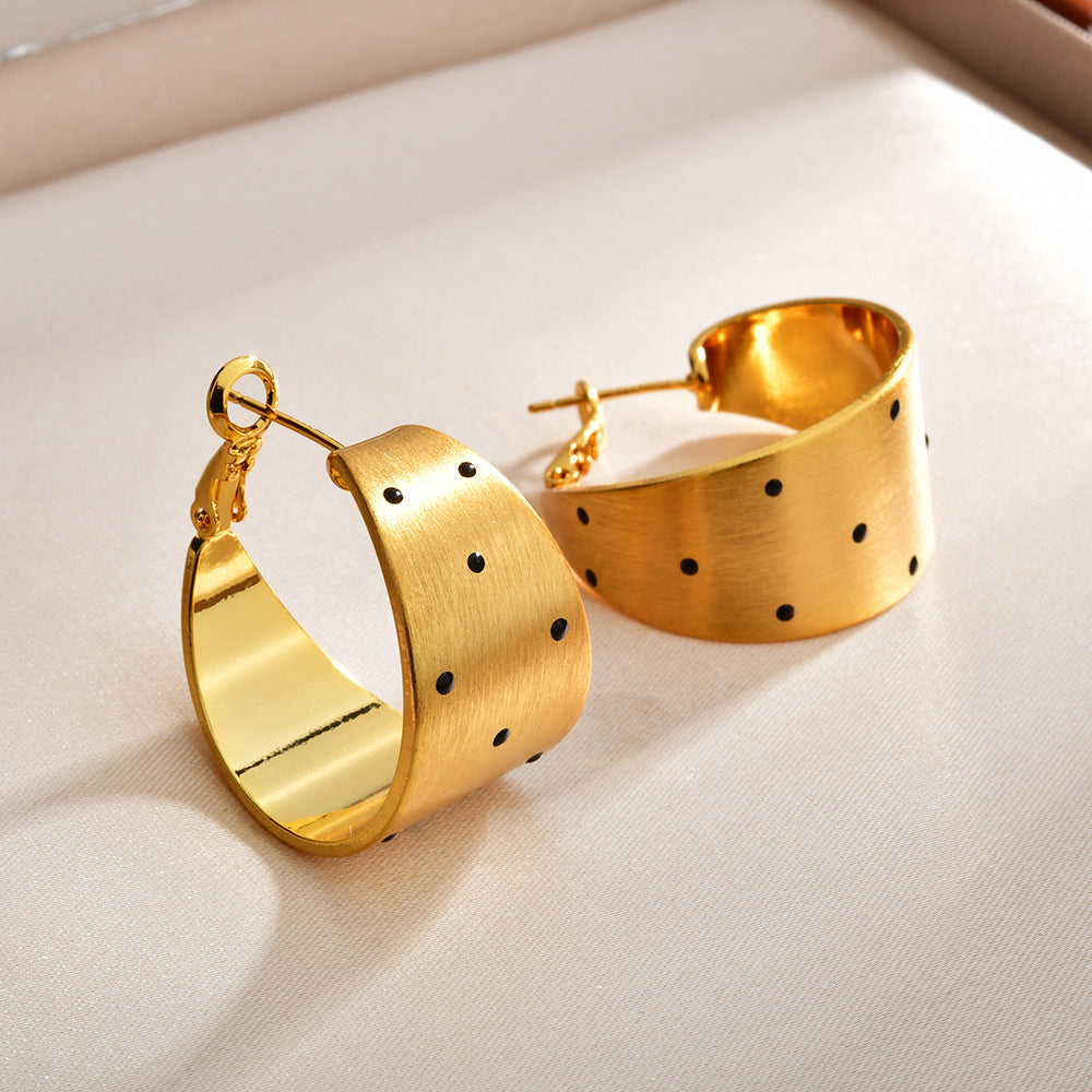 Retro Gold Brushed Black Polka Dot Earrings