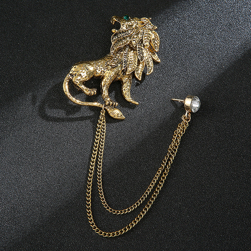 Men's Animal Lion's Head Corsage With Eagle Chain Brooches