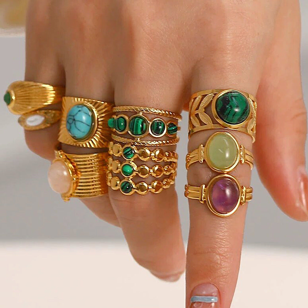 French Retro Gemstone Open Style Natural Stone Titanium Ring