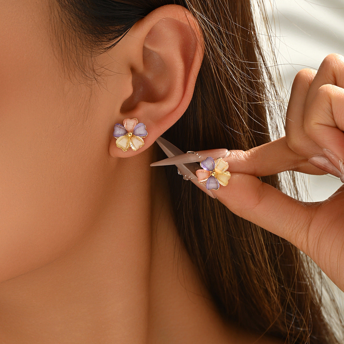 Colorful Petals Inlaid Gem Design Ear Earrings