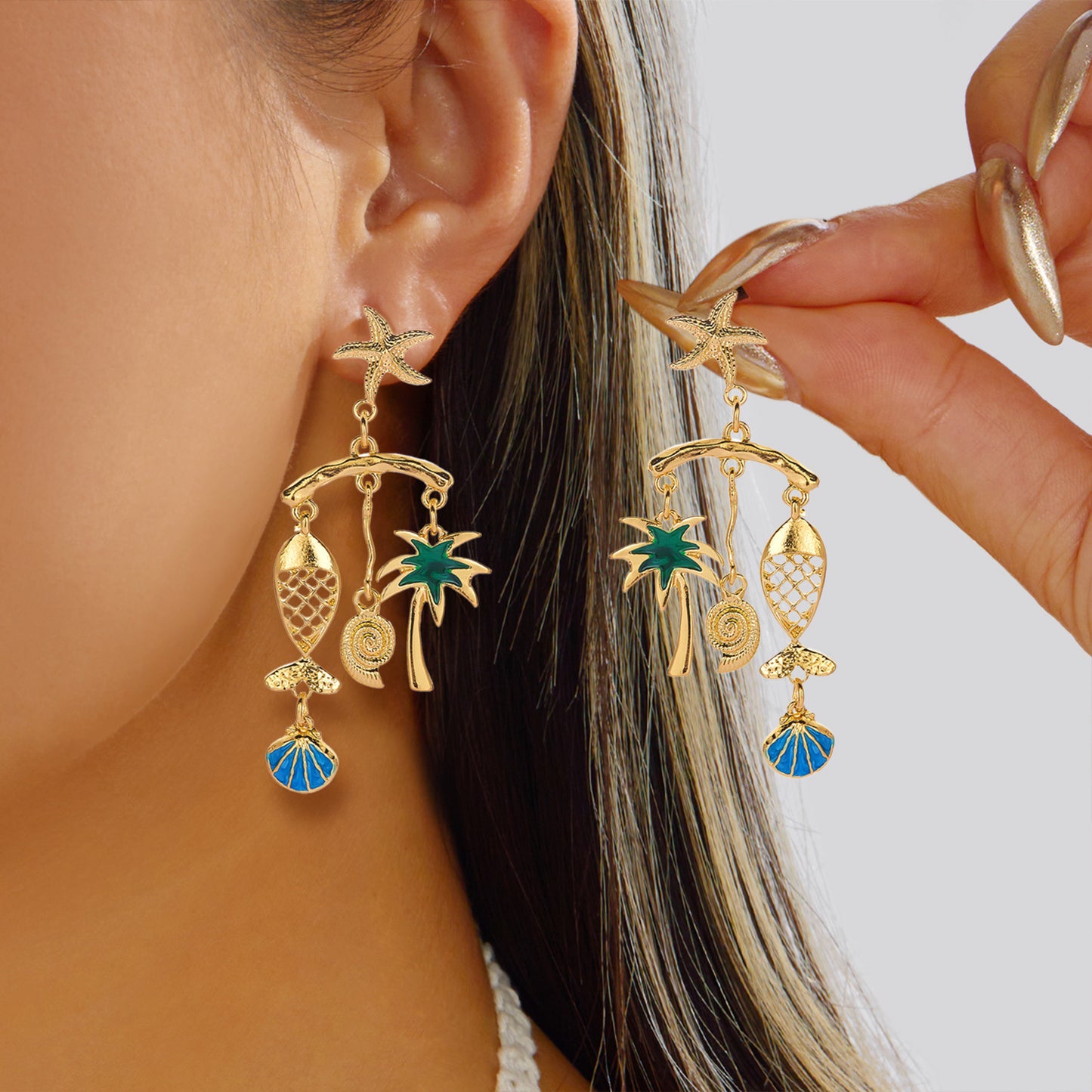 Summer Ocean Series Full Diamond Starfish More Than Coconut Tree Earrings
