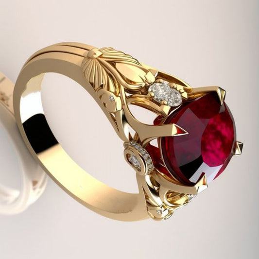Women's Gold Plated Hollow Jeweled Light Luxury Red Ring