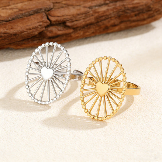Radiation Pattern Titanium Steel Hollowed Heart Ring